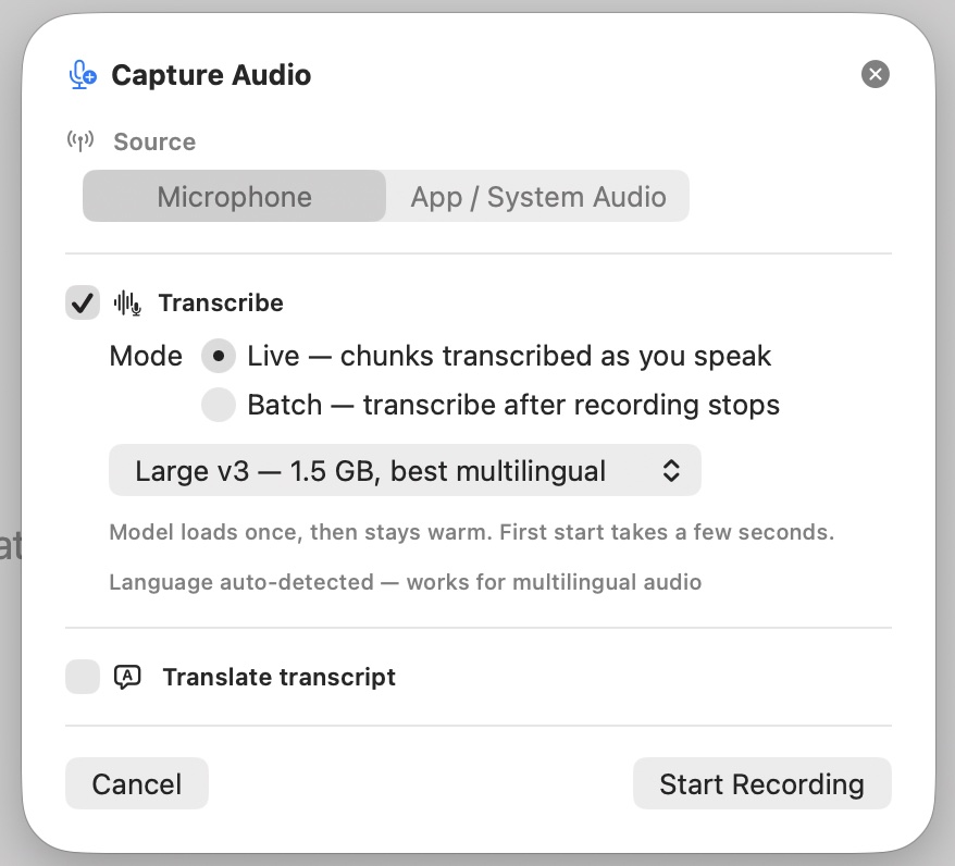 Capture Audio dialog